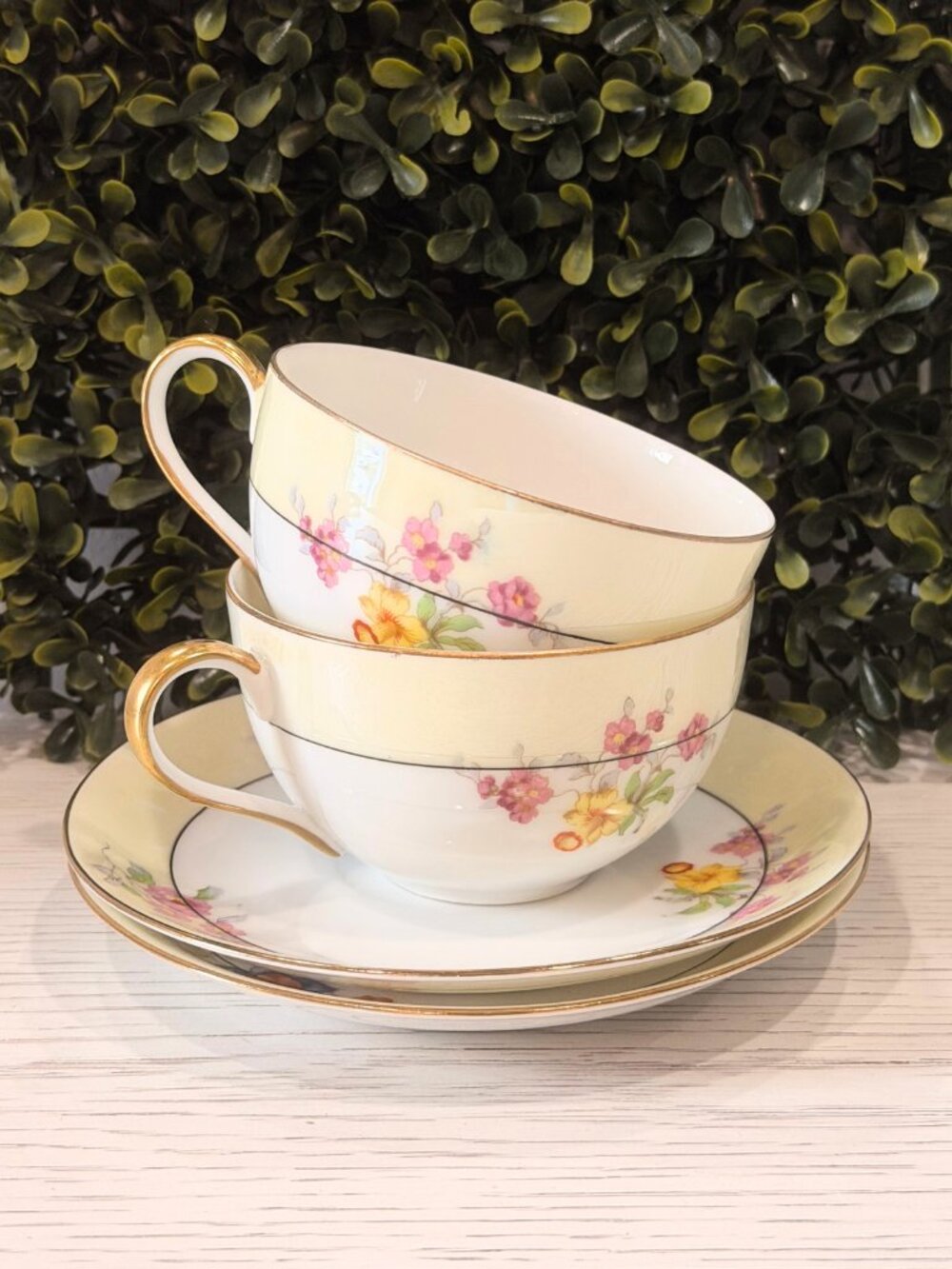 Vintage Set Czechoslovakia Porcelain Union T Teacup Saucer Butter Yellow Floral